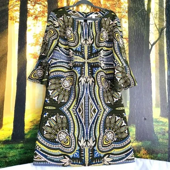 Retro Belle Sleeve Dress NY & Company Size XL Stretch Green Gogo Costume Hippy - Picture 1 of 14